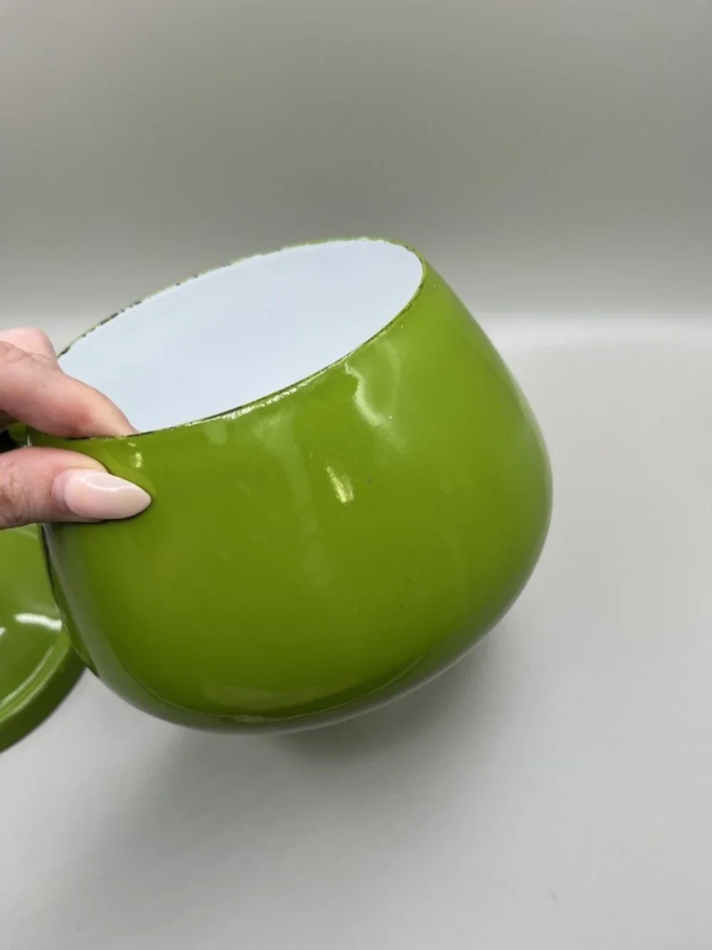 Vintage Enamel Mid Century Avocado Green Wood Handle Sauce Pan MCM Retro 70s